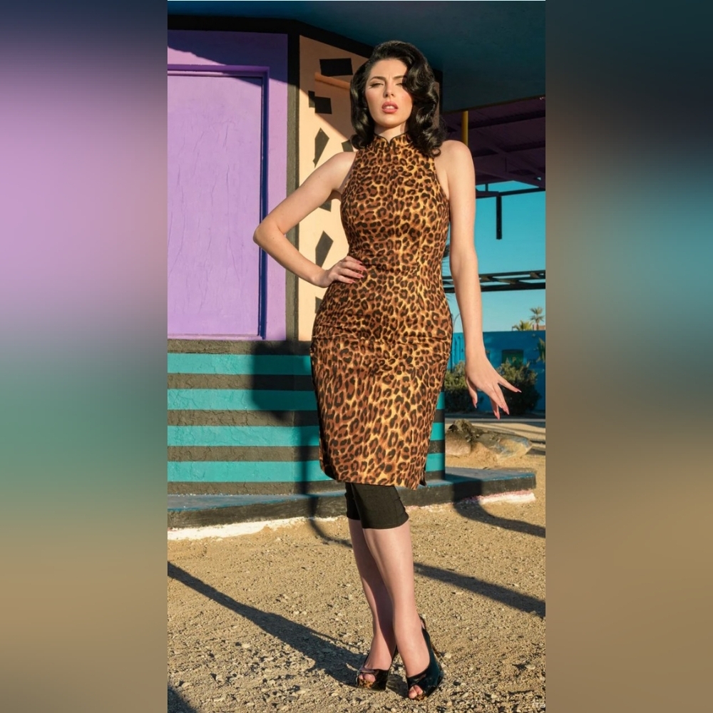 Rockin Bettie Blvd Nights Chic Brown and Black Halter Midi Dress for Night Out